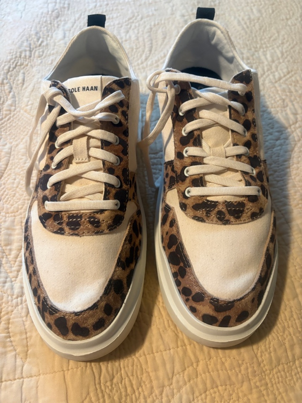 Cole Haan Beige Canvas Sneakers with leopard print